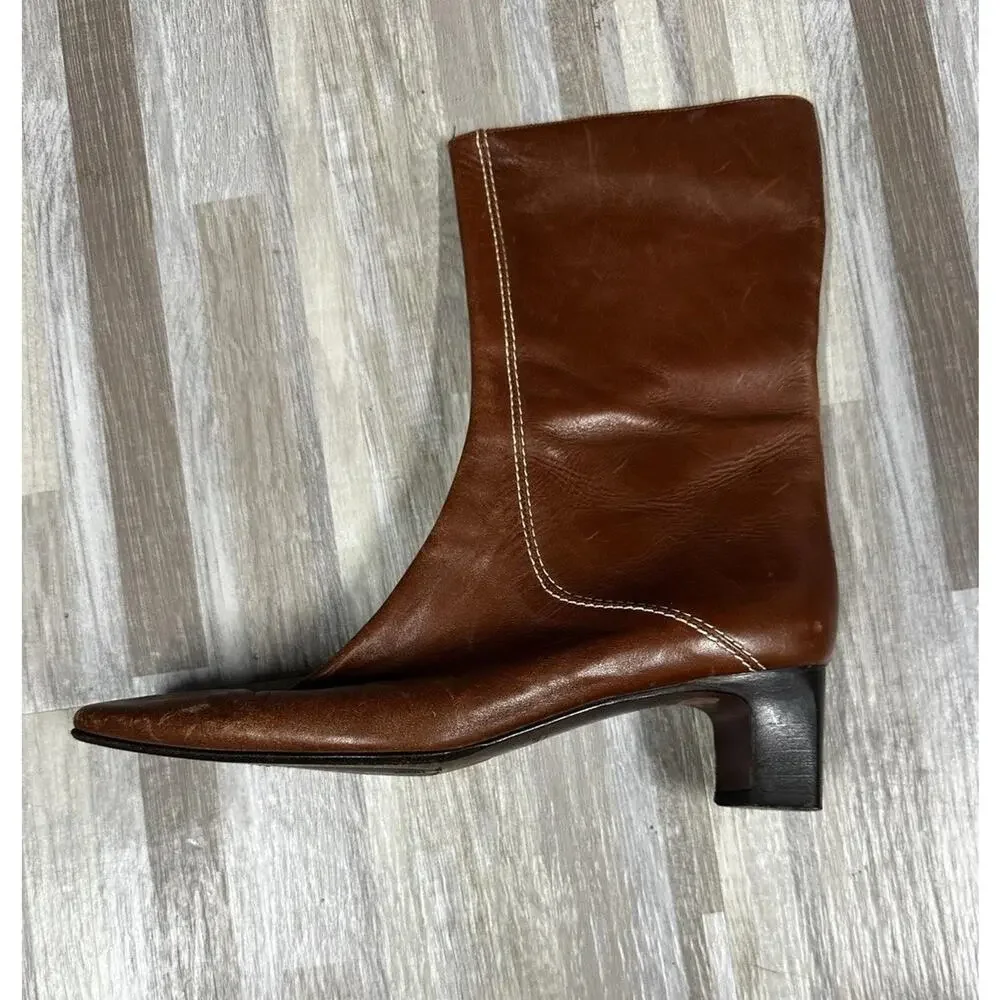 Vintage Cole Haan Leather Boots Sz 6 B Brn Mid Calf Sq Toe